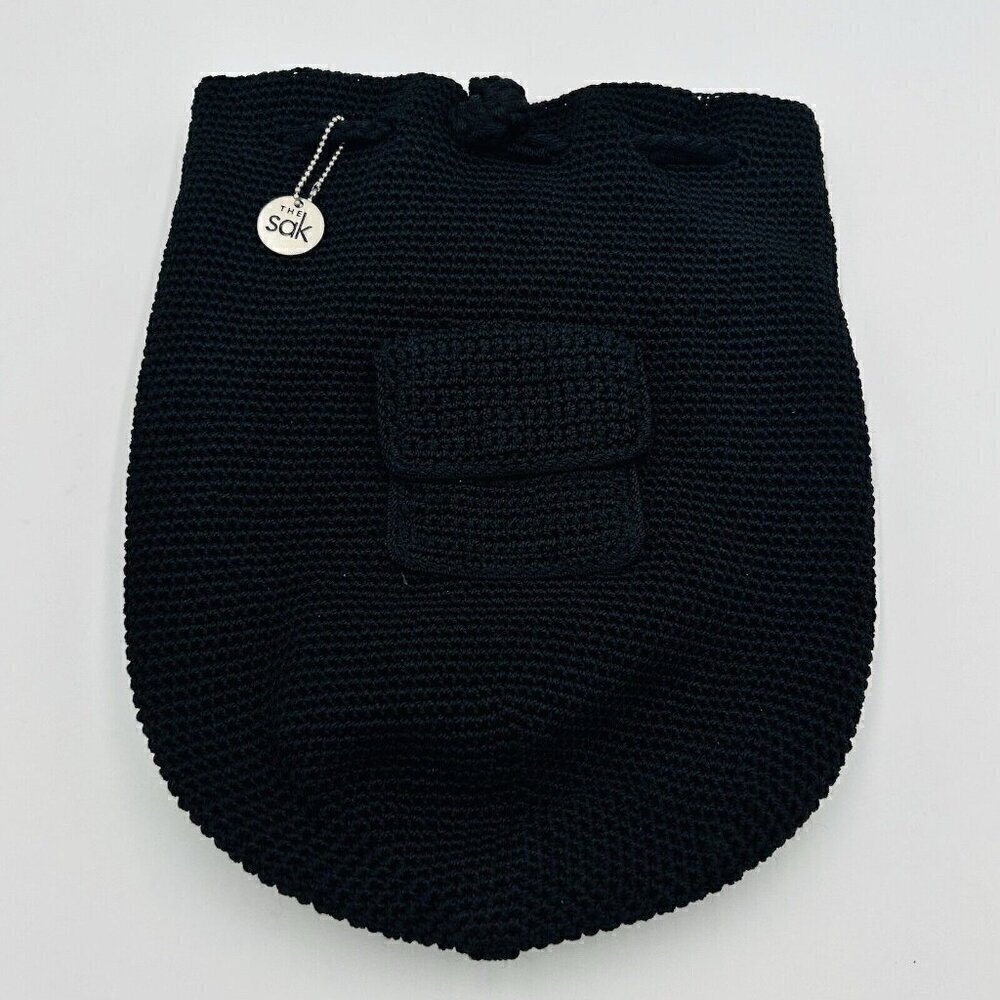 The Sak Black Hobo Crochet Drawstring Backpack Bag Purse Vintage 11" x 14"